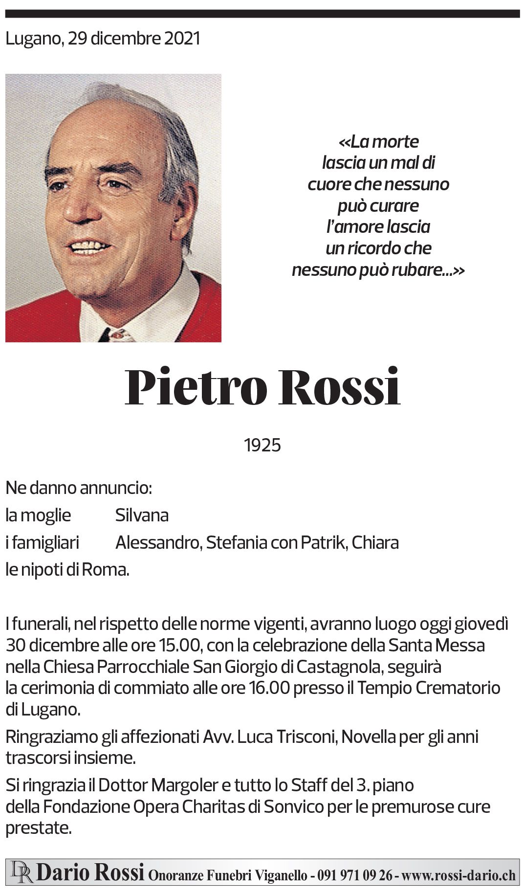 Annuncio funebre Pietro Rossi