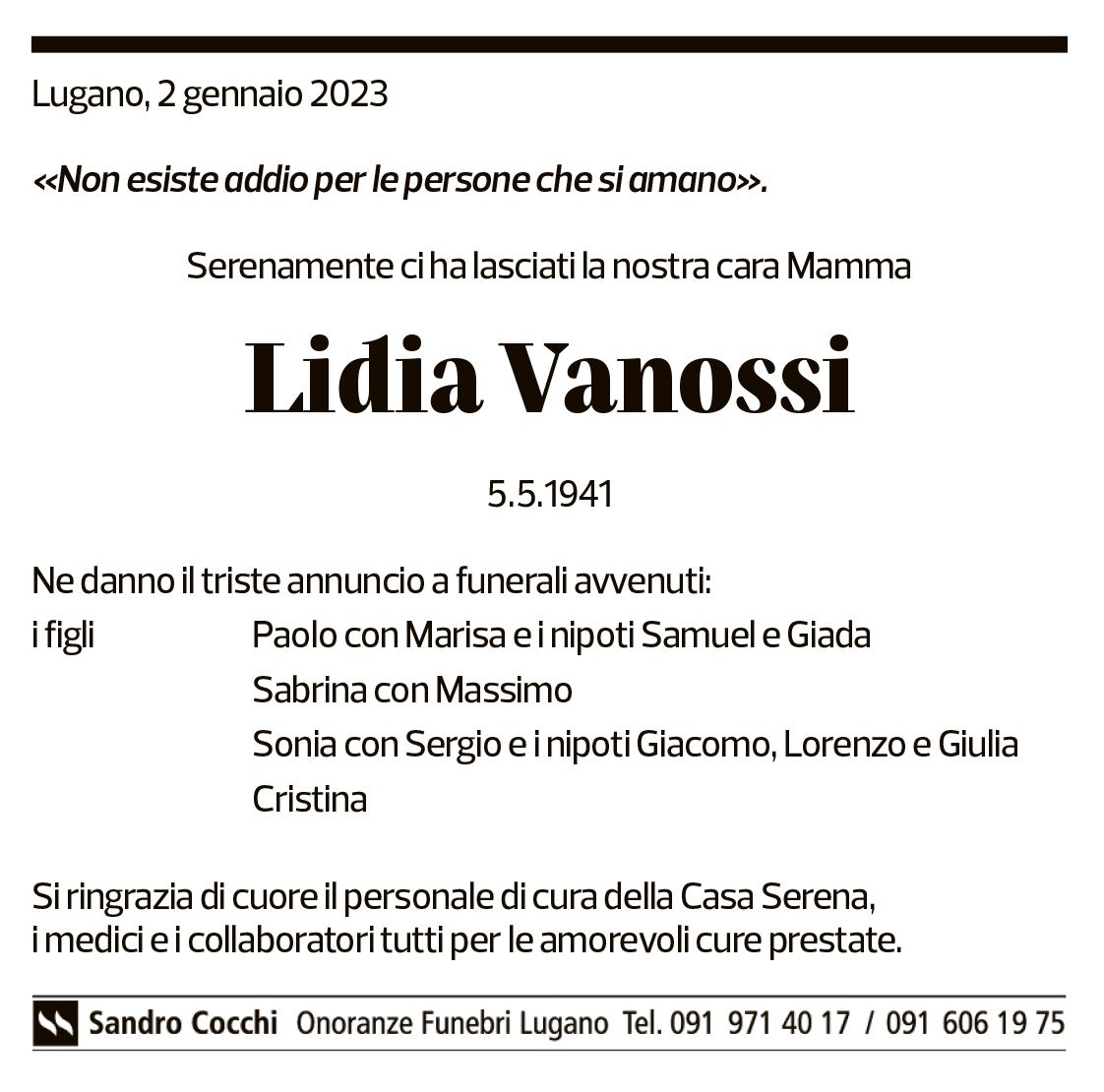 Annuncio funebre Lidia Vanossi