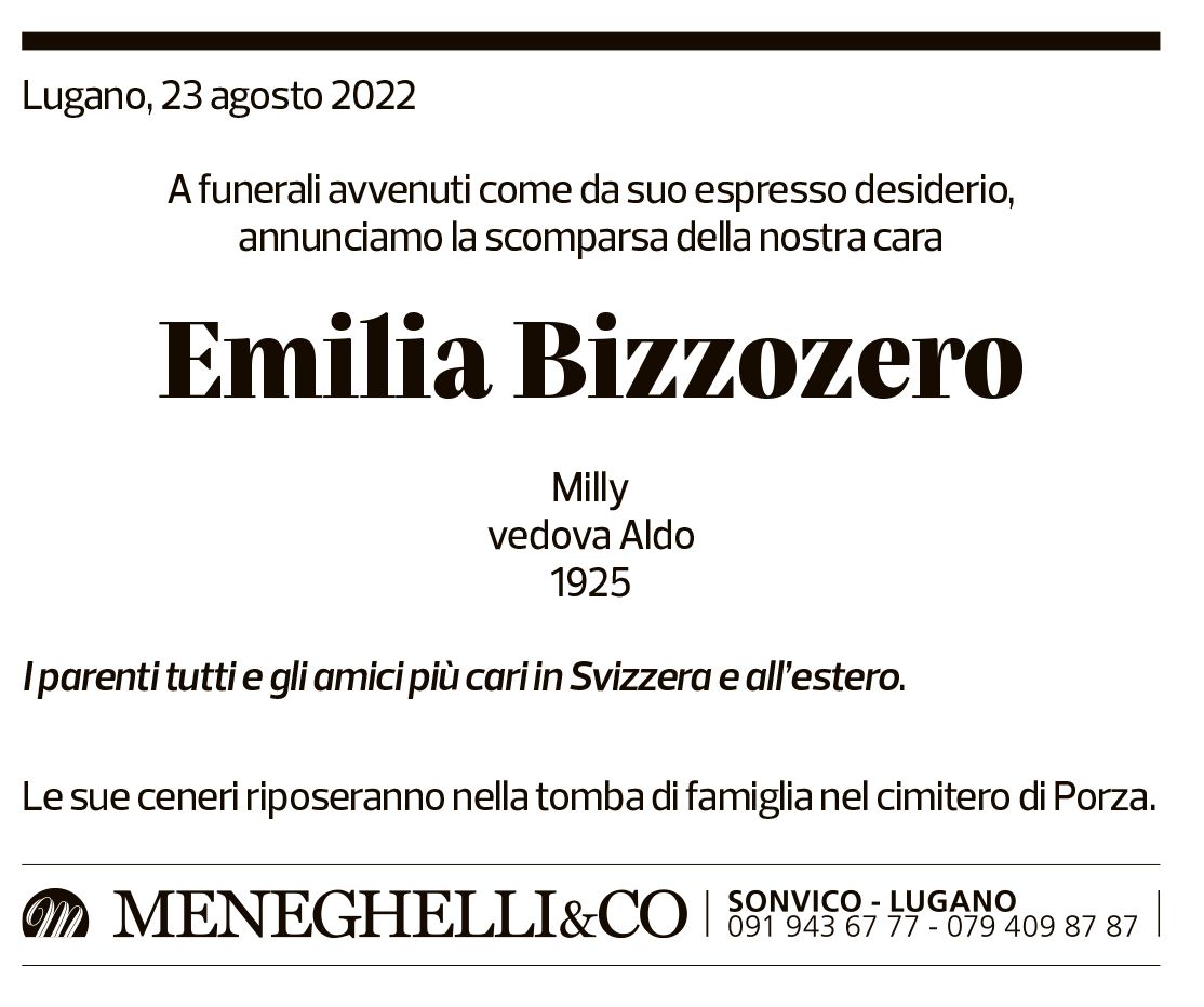 Annuncio funebre Emilia Bizzozero