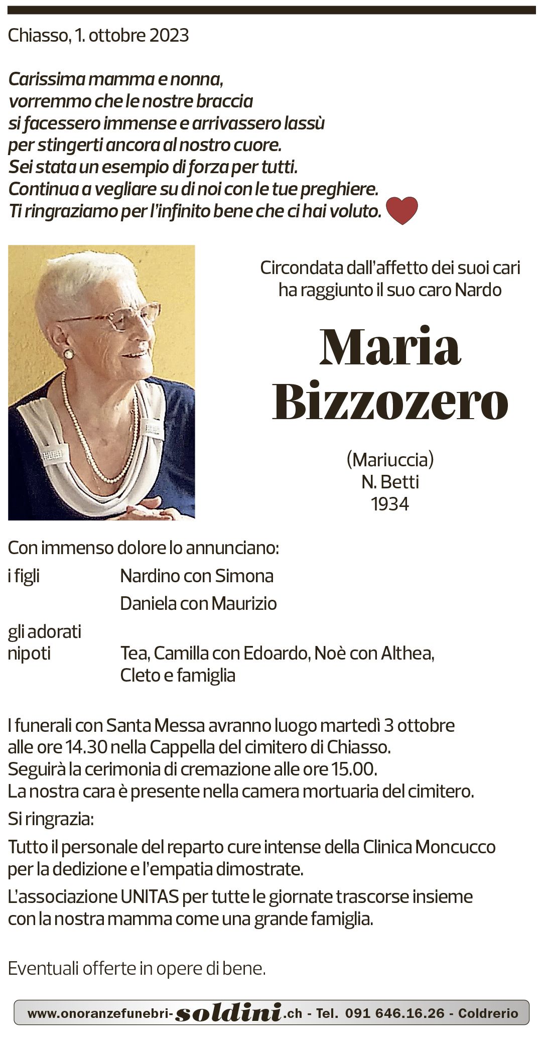 Annuncio funebre Maria Bizzozero