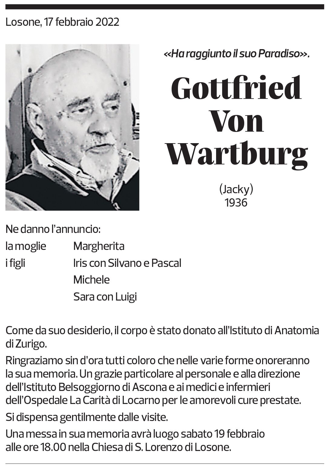 Annuncio funebre Gottfried Von Wartburg