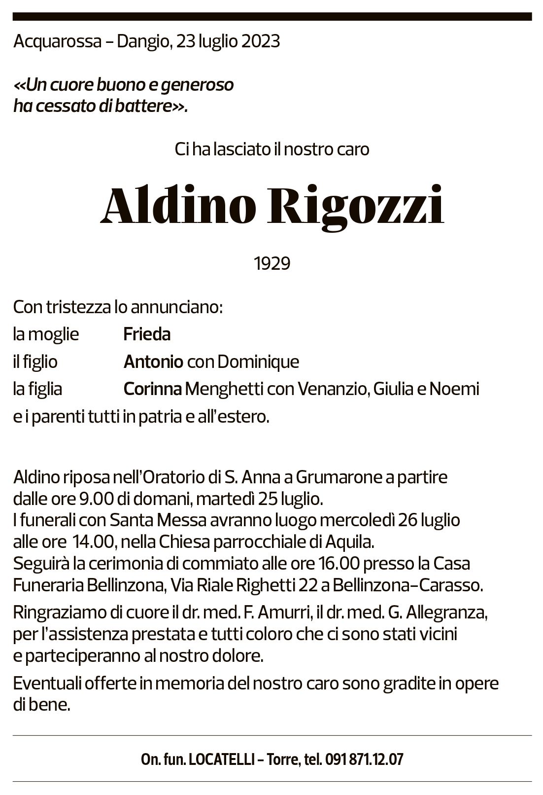 Annuncio funebre Aldino Rigozzi