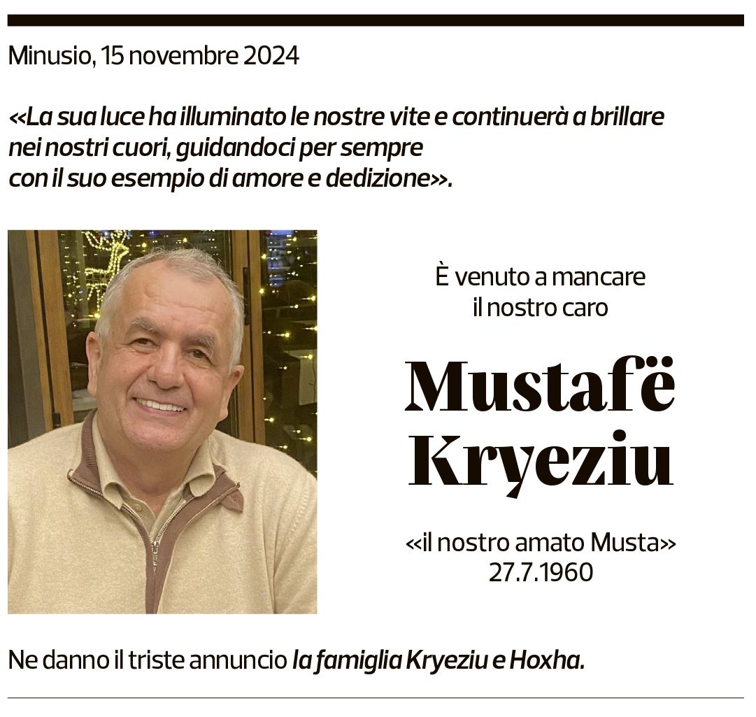 Annuncio funebre Mustafë Kryeziu