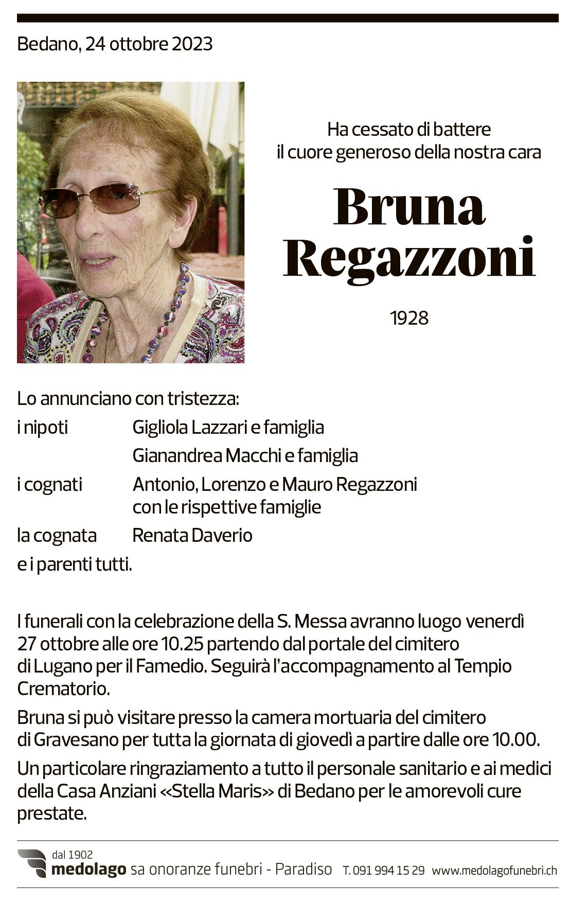 Annuncio funebre Bruna Regazzoni