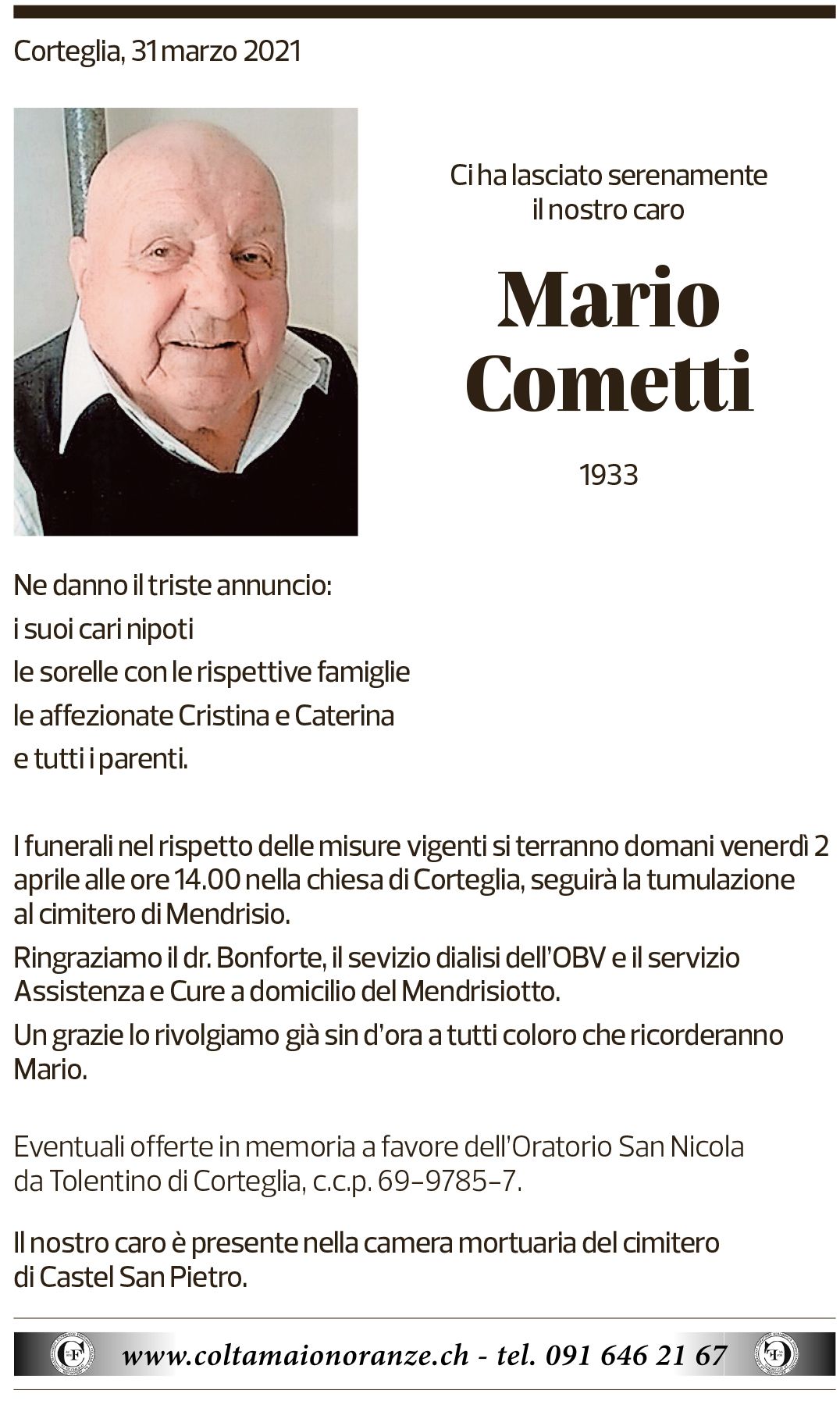 Annuncio funebre Mario Cometti