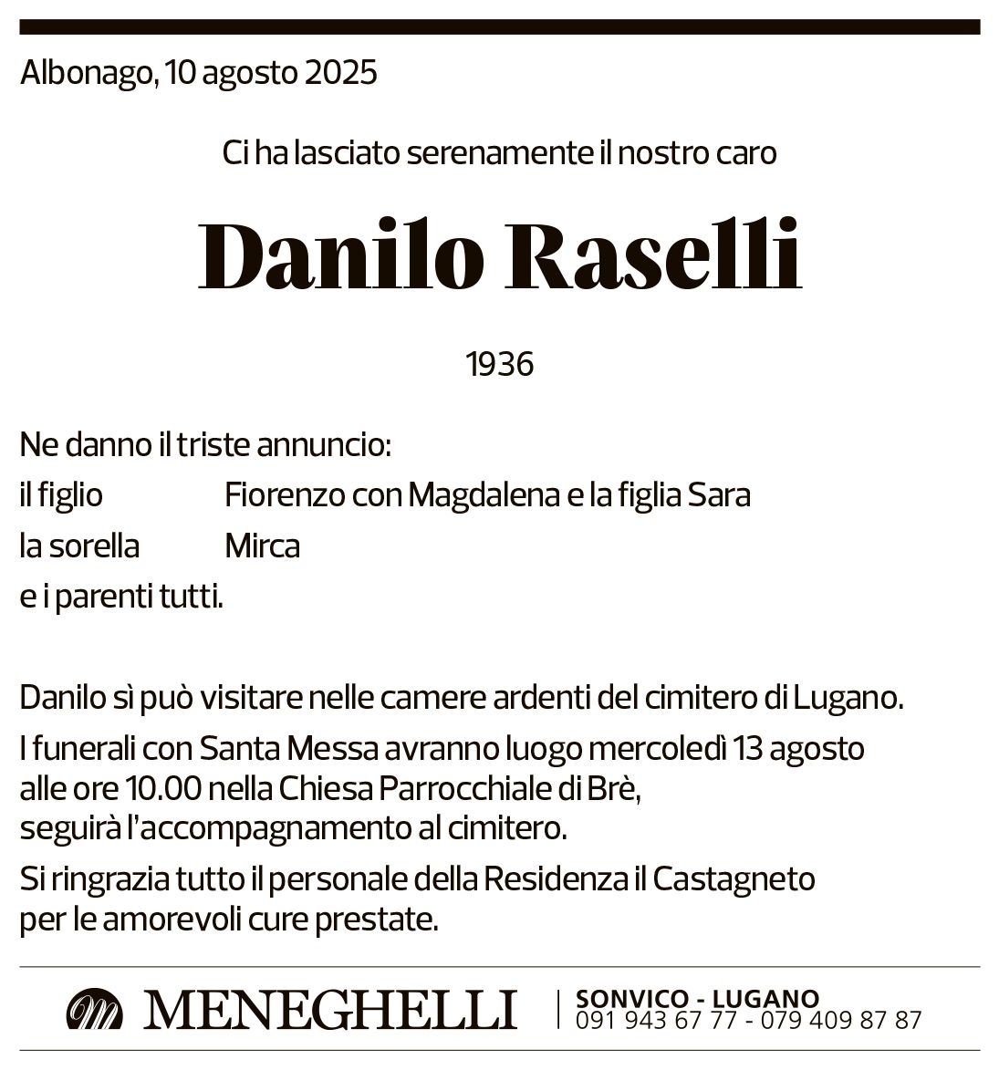Annuncio funebre Danilo Raselli