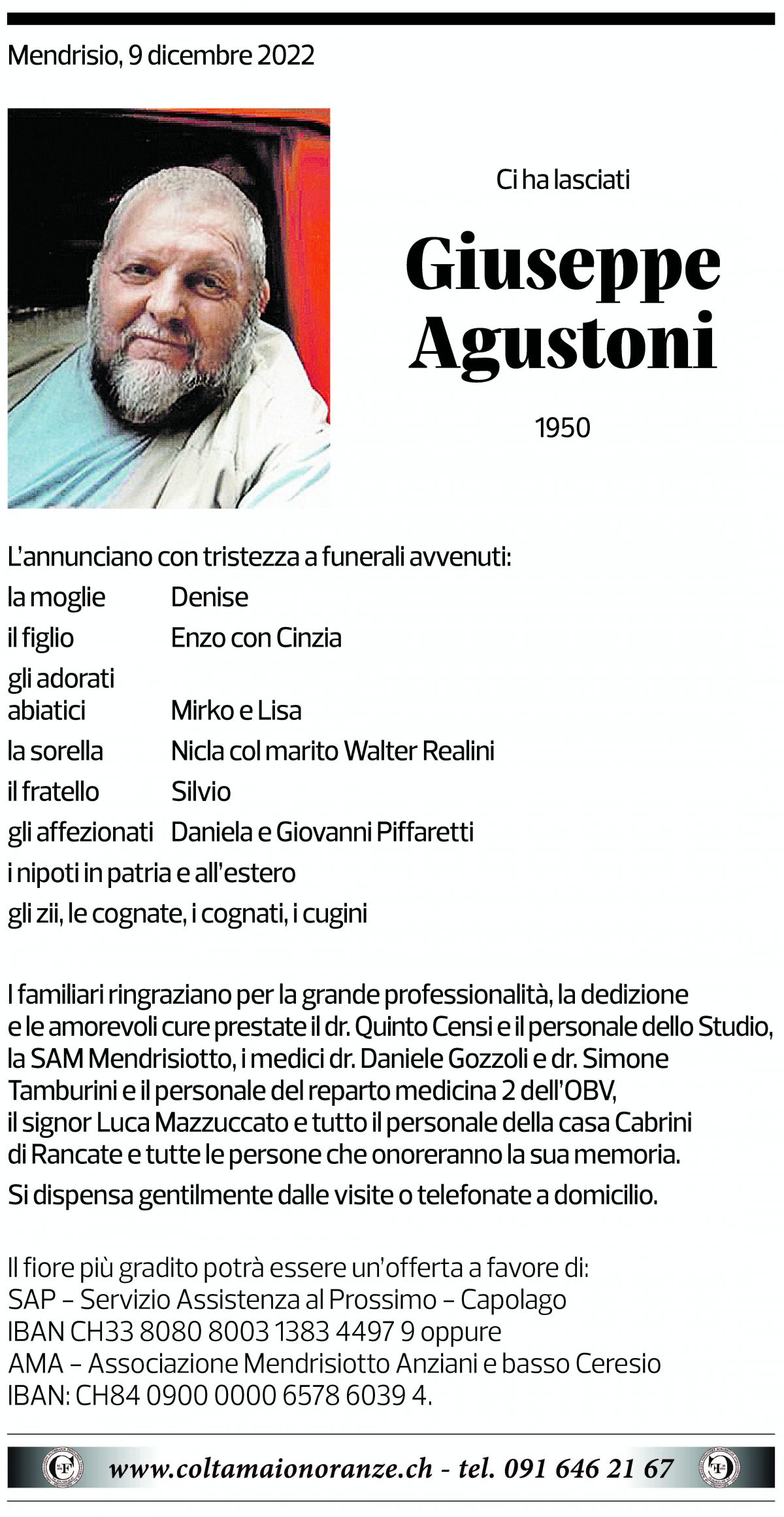 Annuncio funebre Giuseppe Agustoni