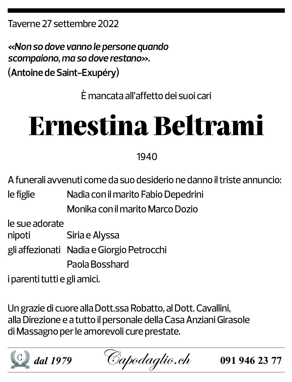 Annuncio funebre Ernestina Beltrami