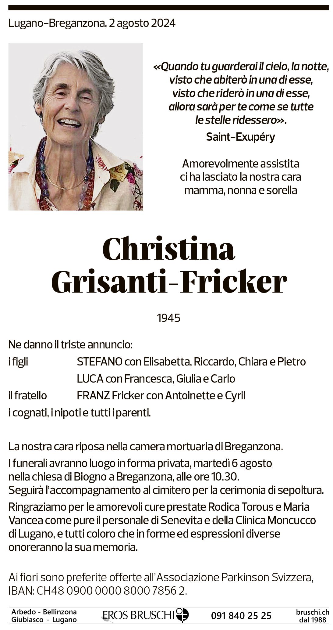 Annuncio funebre Christina Grisanti-fricker