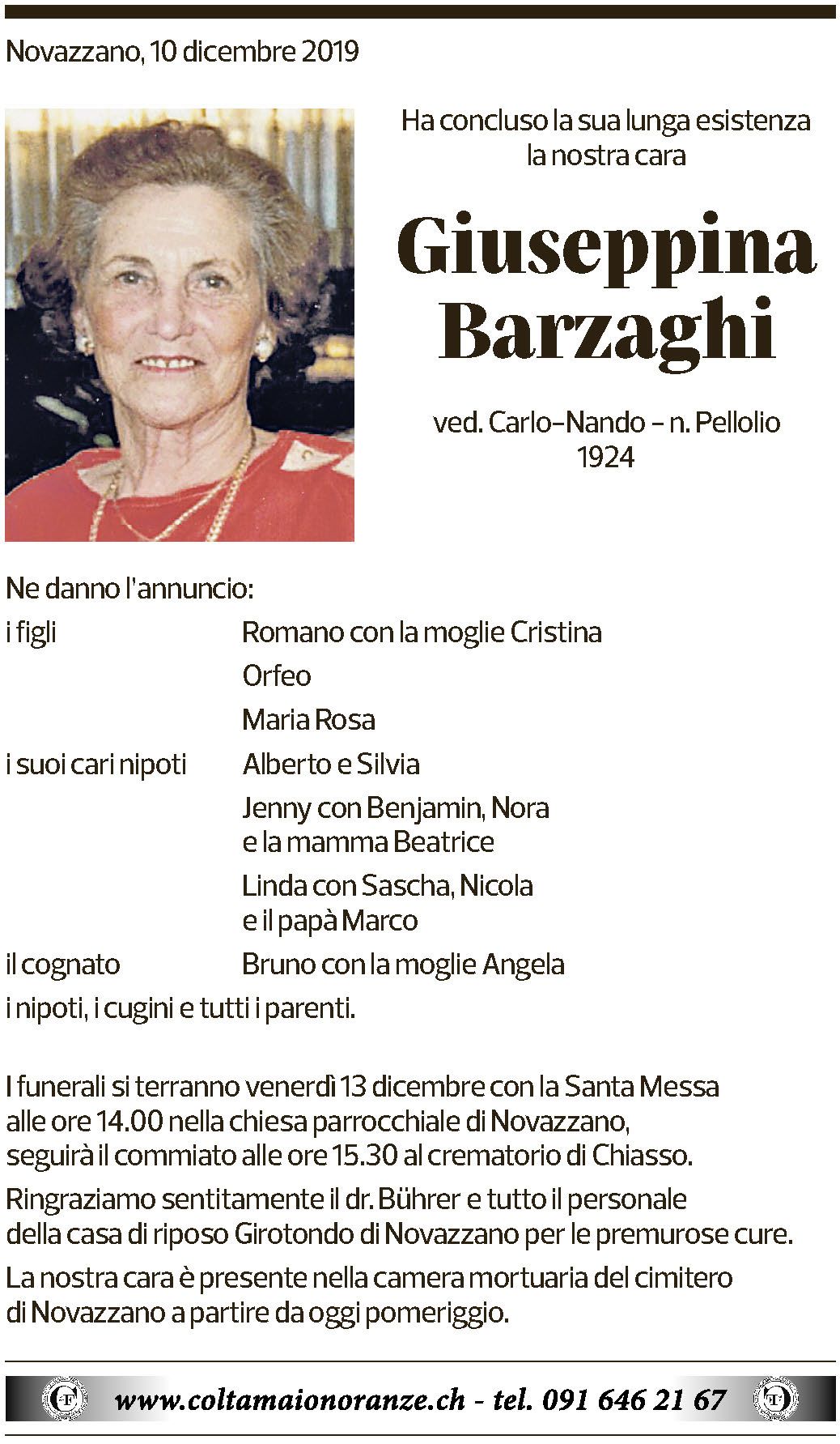 Annuncio funebre Giuseppina Barzaghi