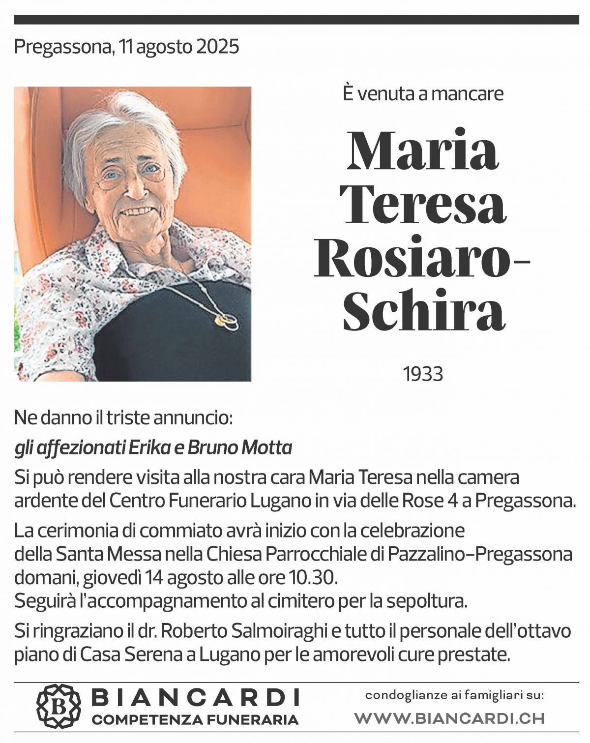 Annuncio funebre Maria Teresa Rosiaro-schira