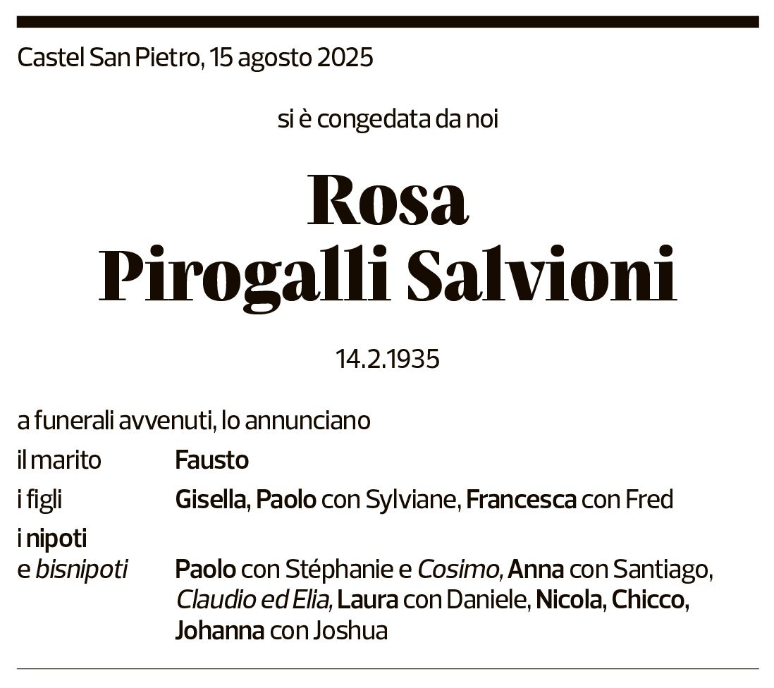 Annuncio funebre Rosa Pirogalli Salvioni