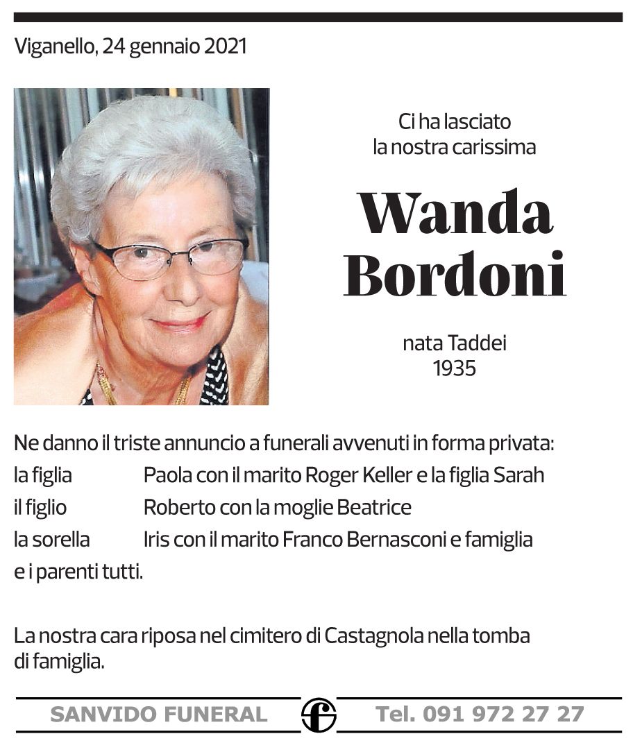 Annuncio funebre Wanda Bordoni