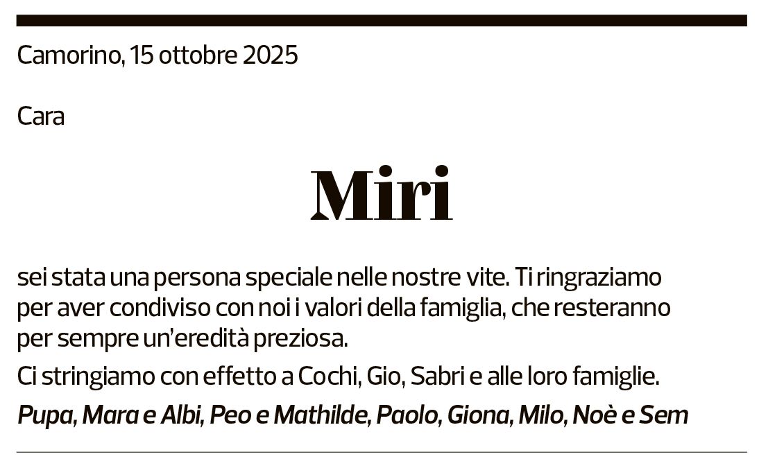 Annuncio funebre Mirina Marcoli