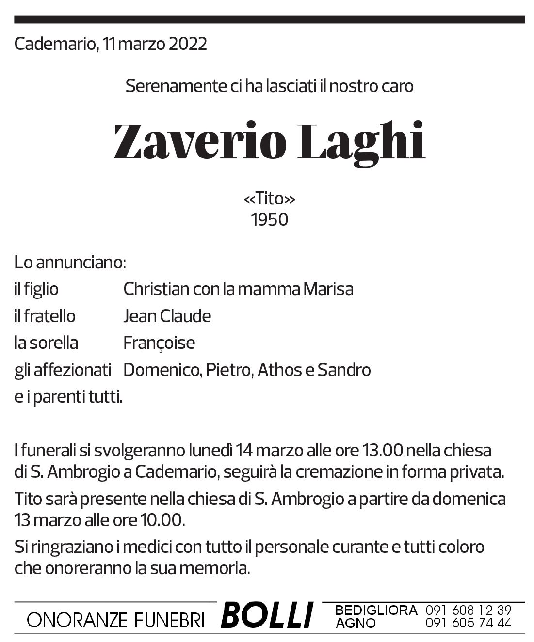 Annuncio funebre Zaverio Laghi