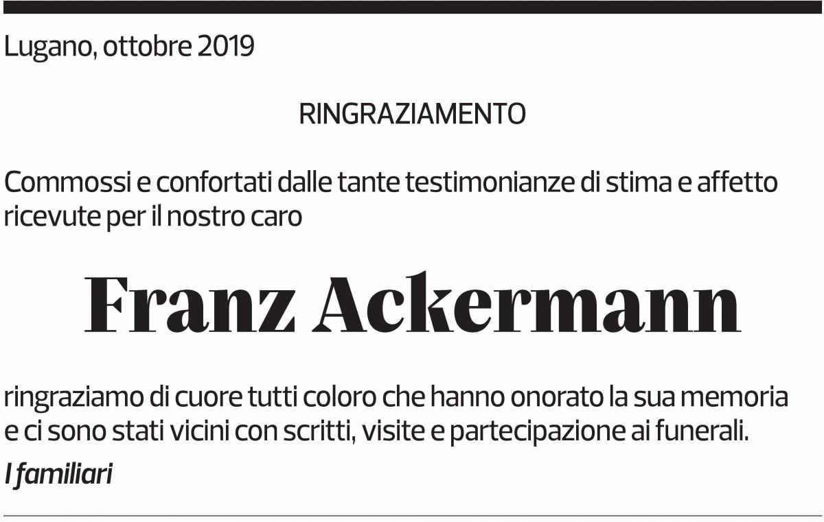 Annuncio funebre Franz Ackermann