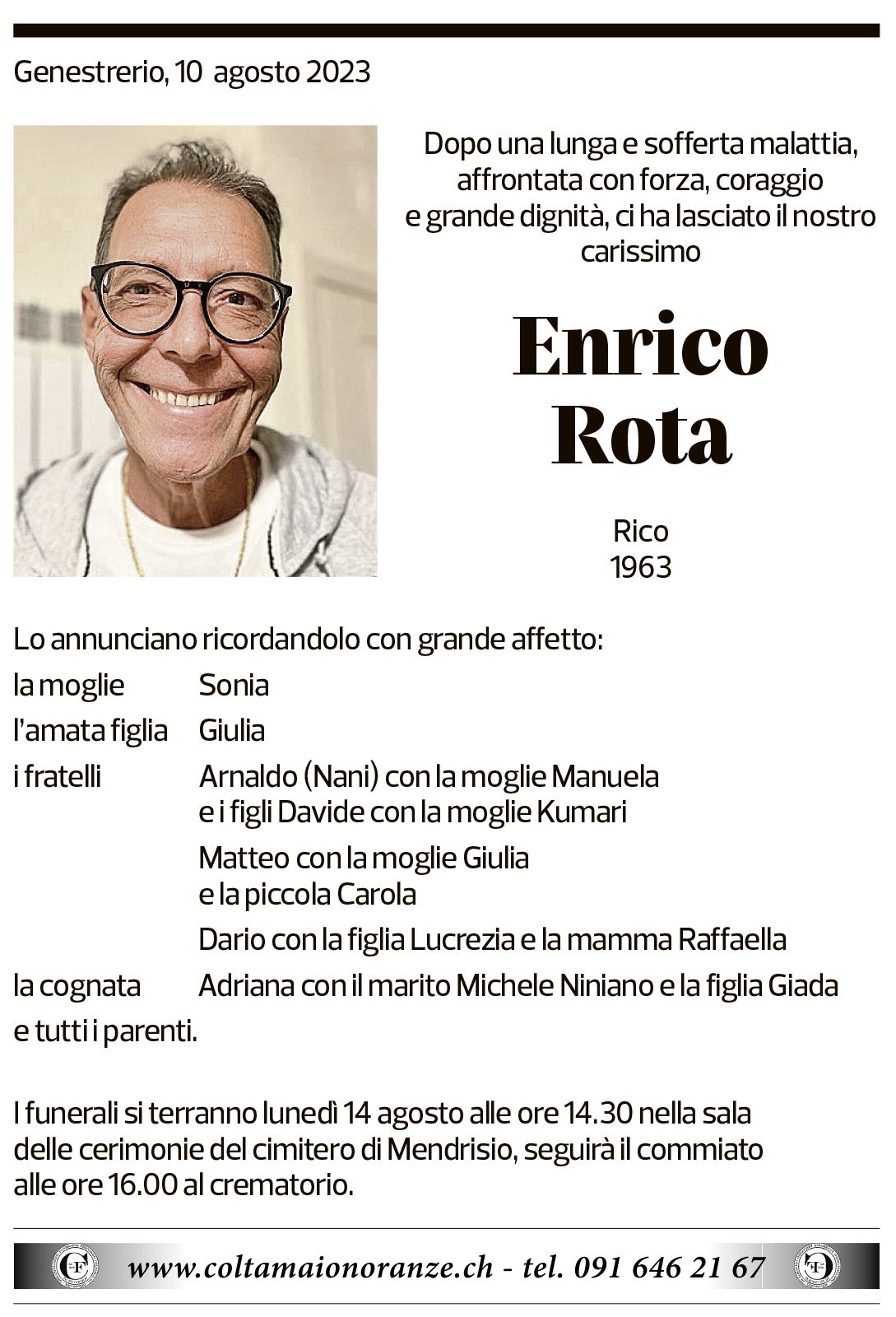 Annuncio funebre Enrico Rota