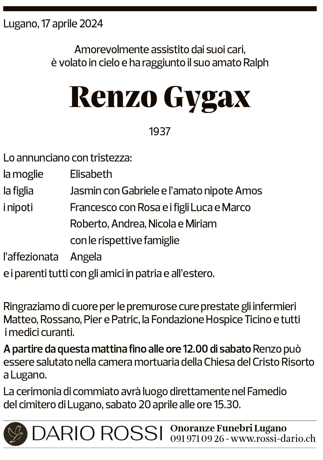 Annuncio funebre Renzo Gygax