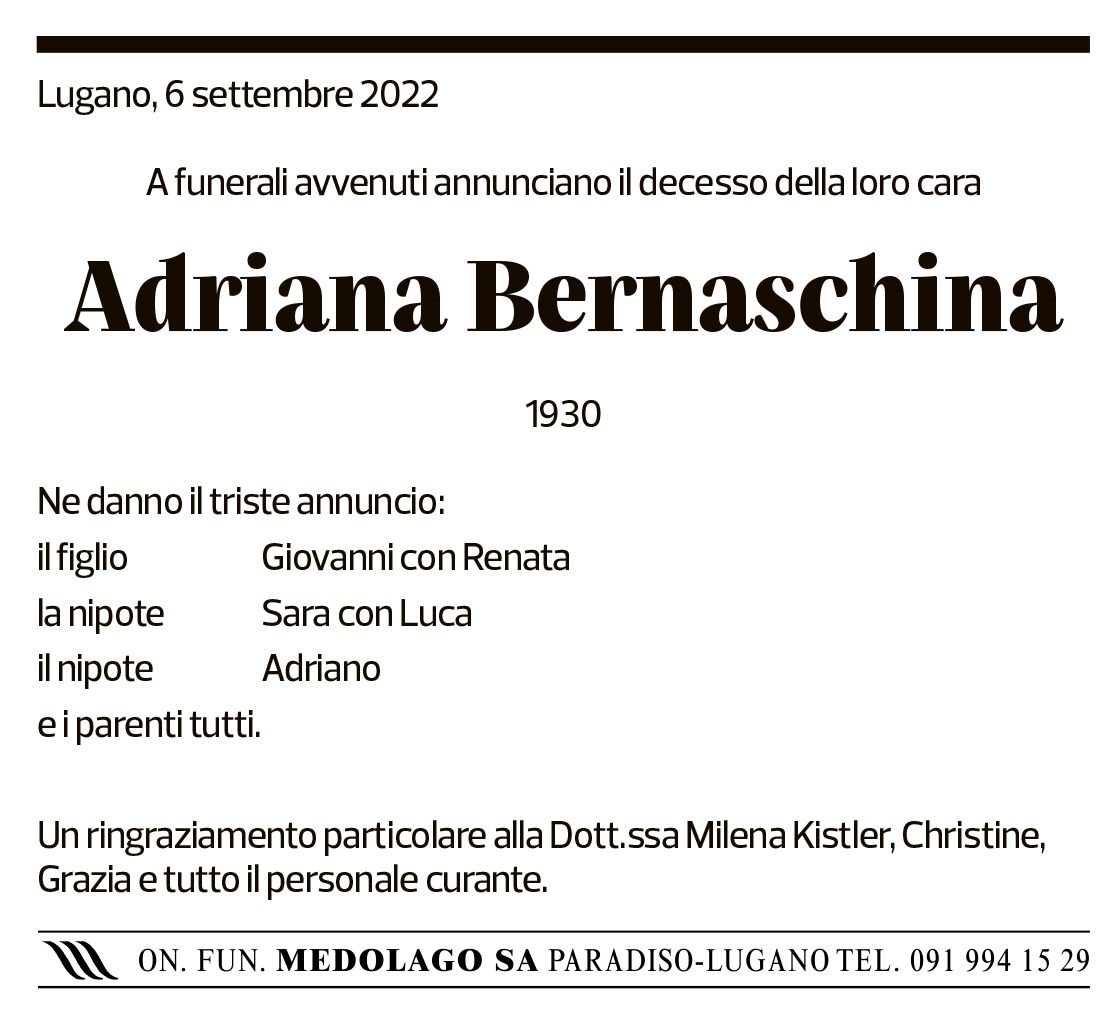 Annuncio funebre Adriana Bernaschina