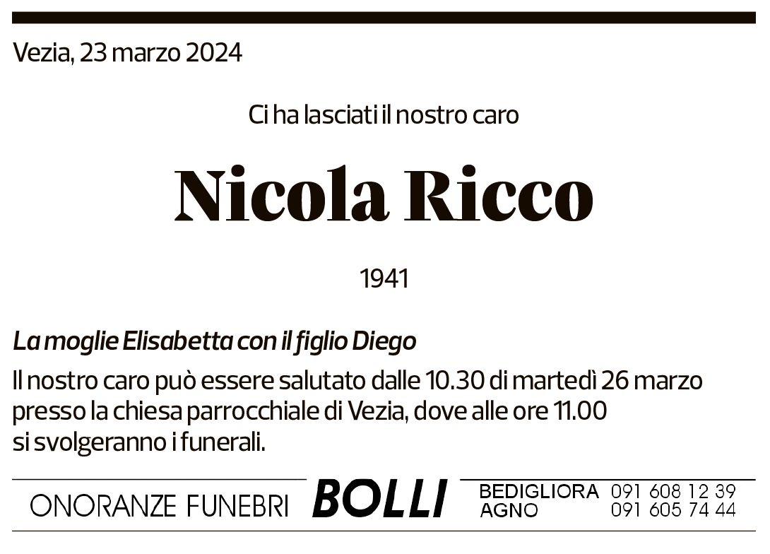 Annuncio funebre Nicola Ricco