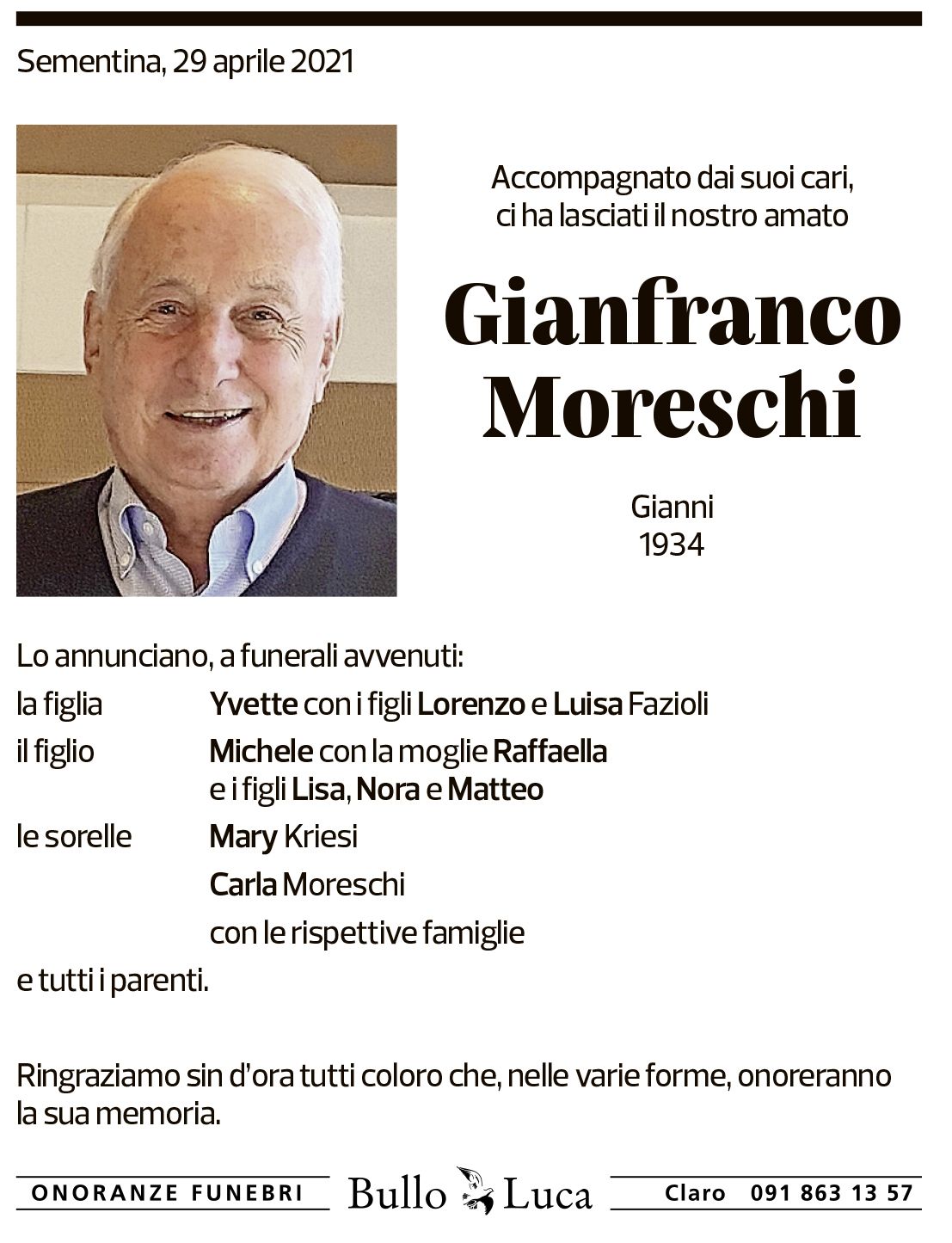 Annuncio funebre Gianfranco Moreschi