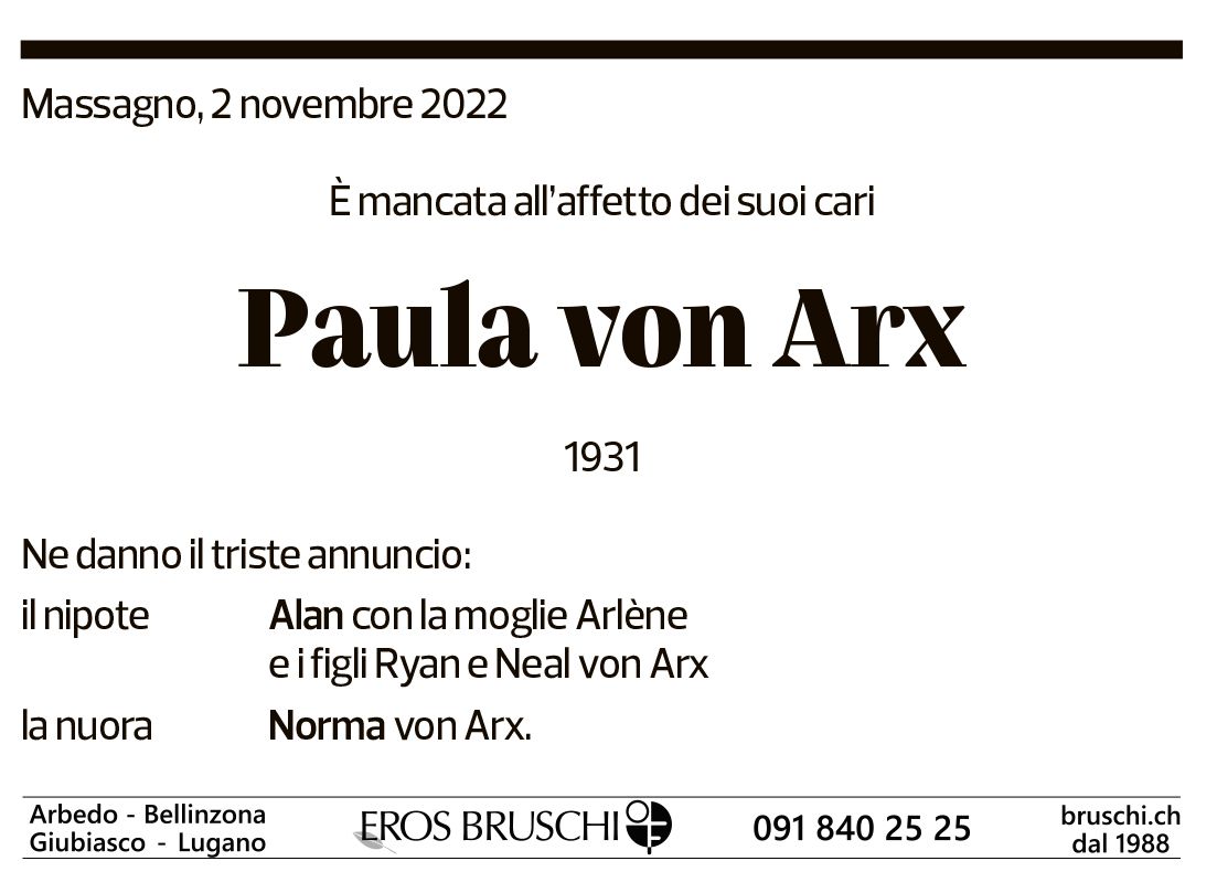 Annuncio funebre Paula Von Arx