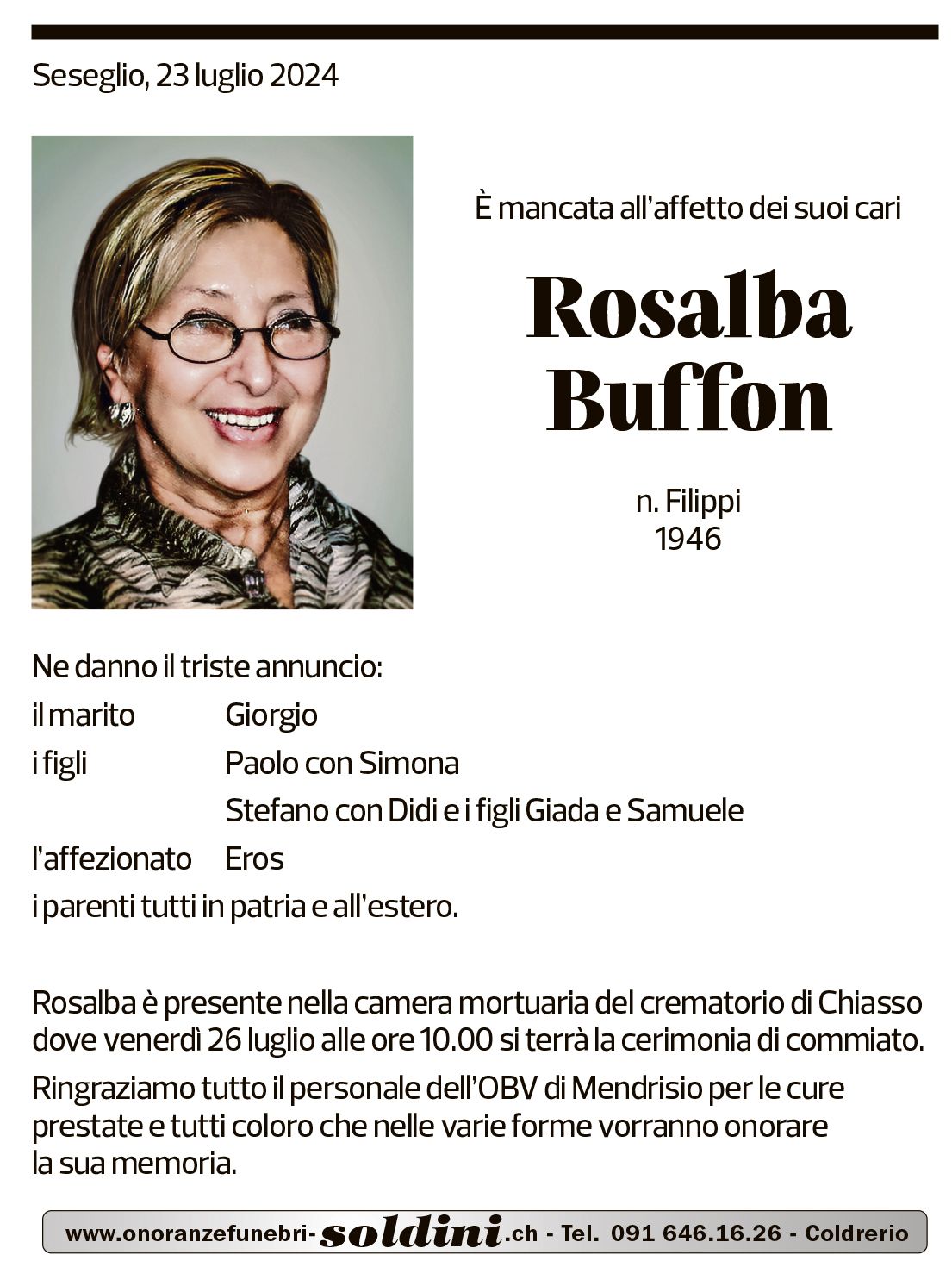 Annuncio funebre Rosalba Buffon