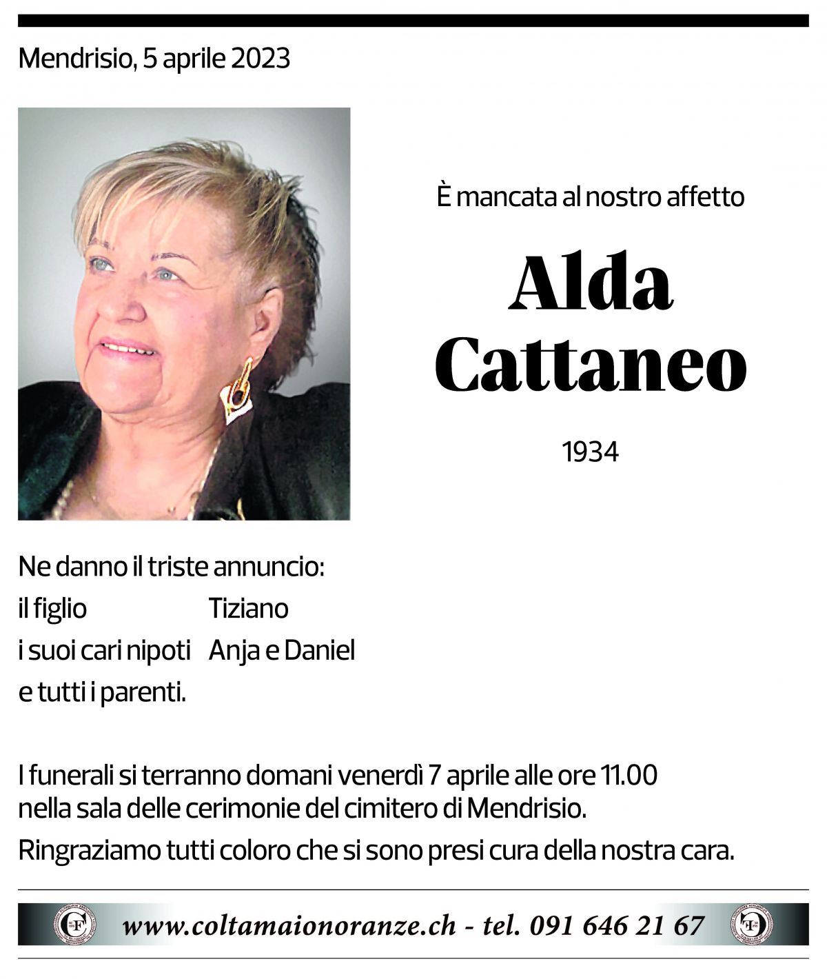 Annuncio funebre Alda Cattaneo