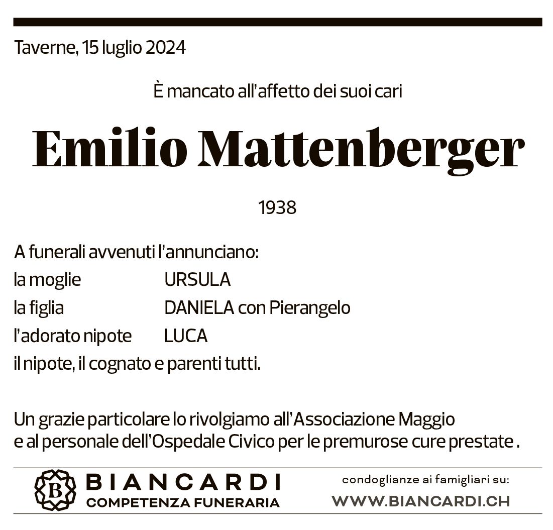 Annuncio funebre Emilio Mattenberger