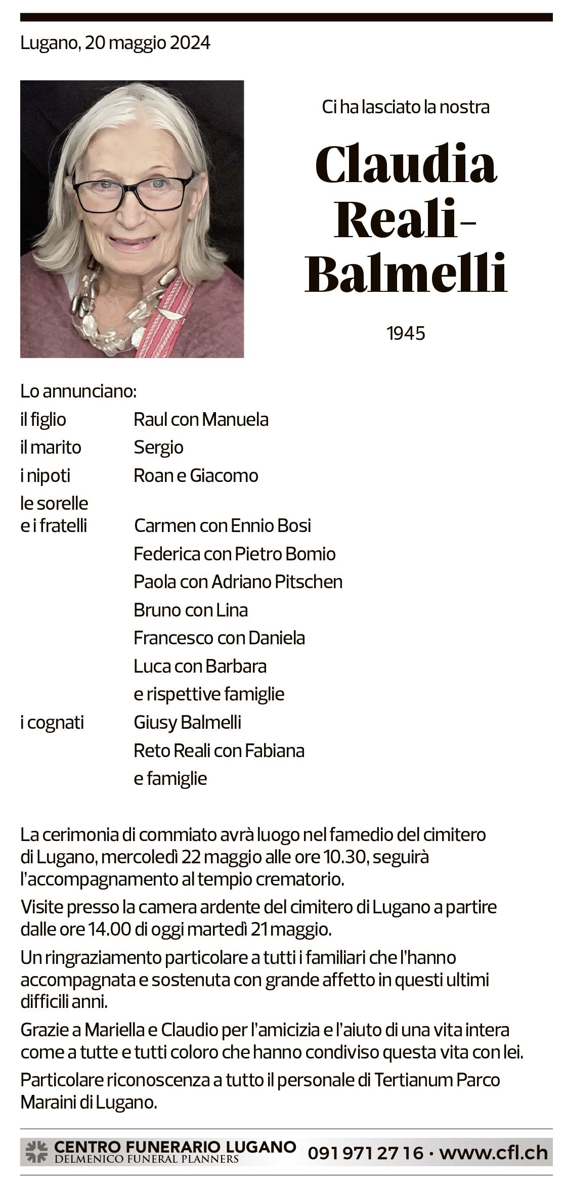 Annuncio funebre Claudia Reali-balmelli