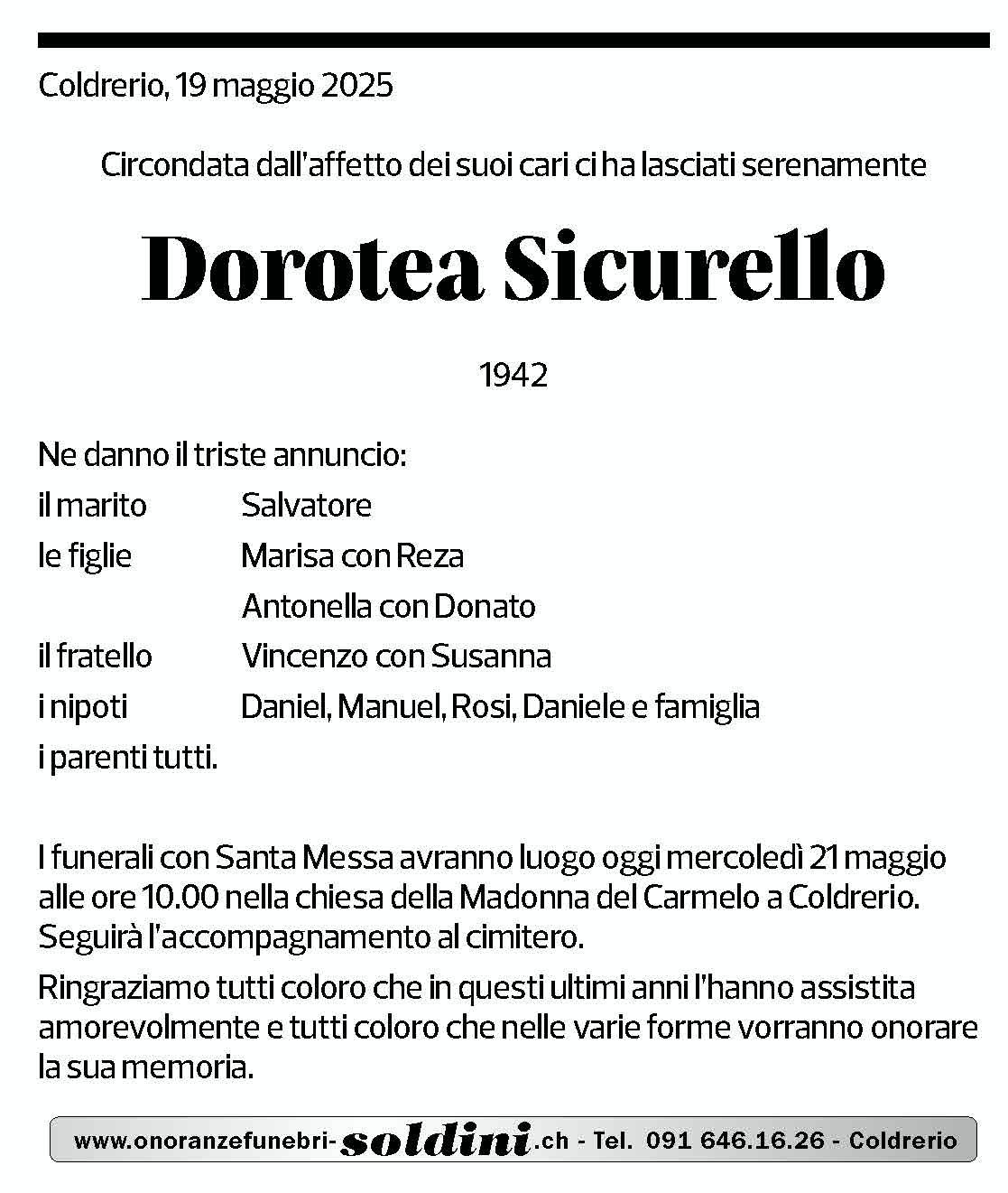 Annuncio funebre Dorotea Sicurello