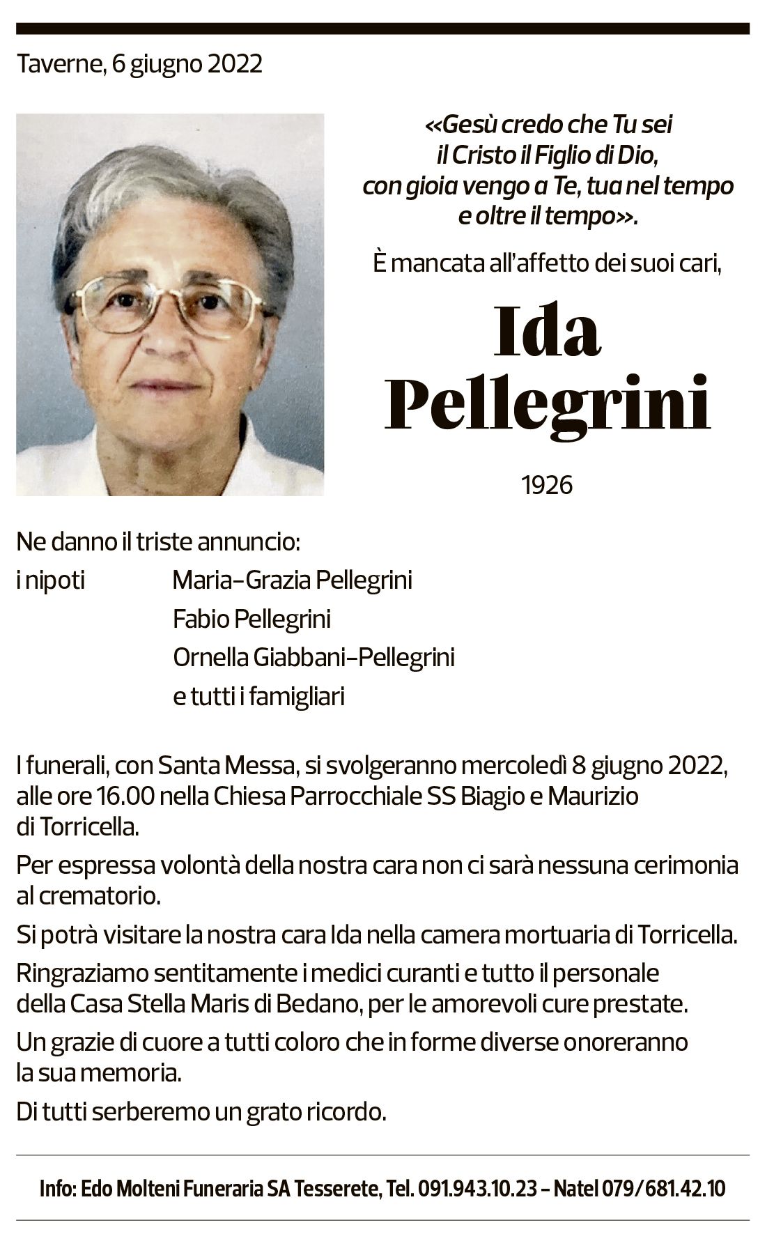 Annuncio funebre Ida Pellegrini