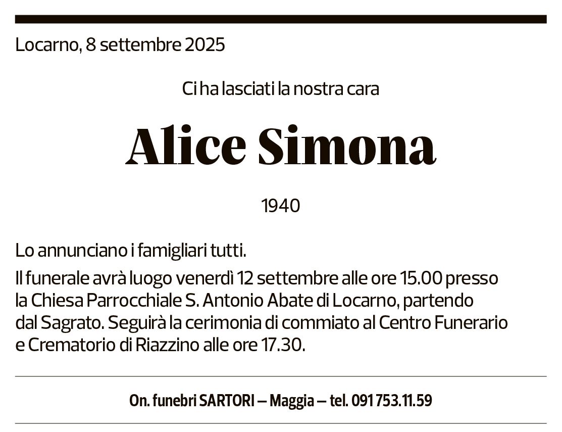 Annuncio funebre Alice Simona