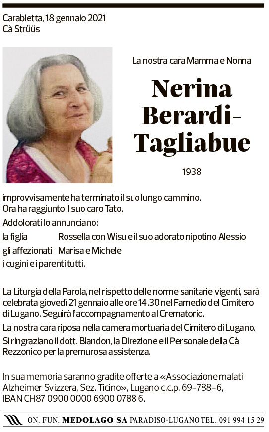 Annuncio funebre Nerina Berardi-tagliabue