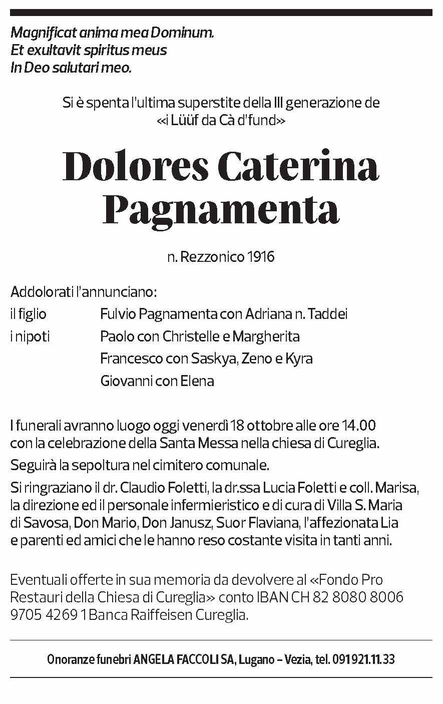 Annuncio funebre Dolores Caterina Pagnamenta
