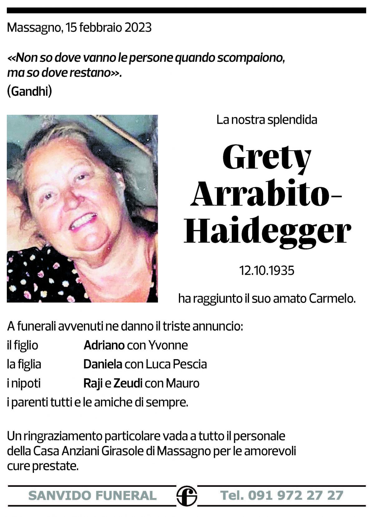 Annuncio funebre Grety Arrabito - Haidegger