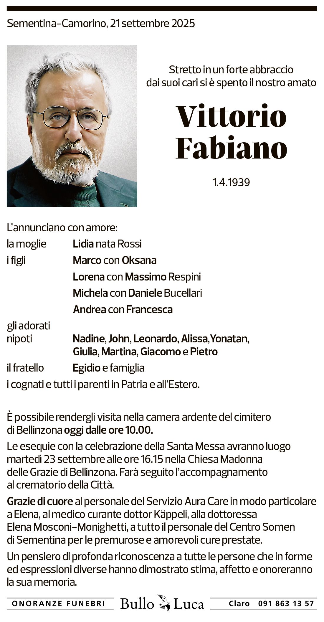 Annuncio funebre Vittorio Fabiano