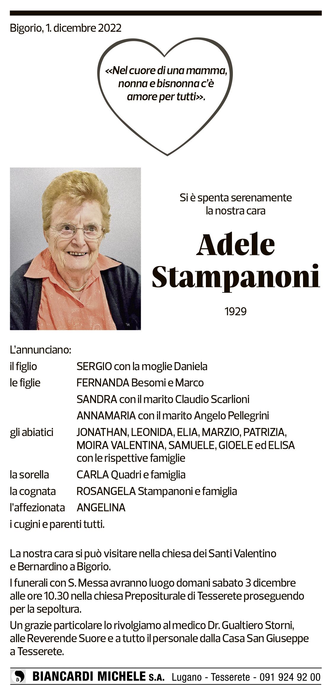 Annuncio funebre Adele Stampanoni