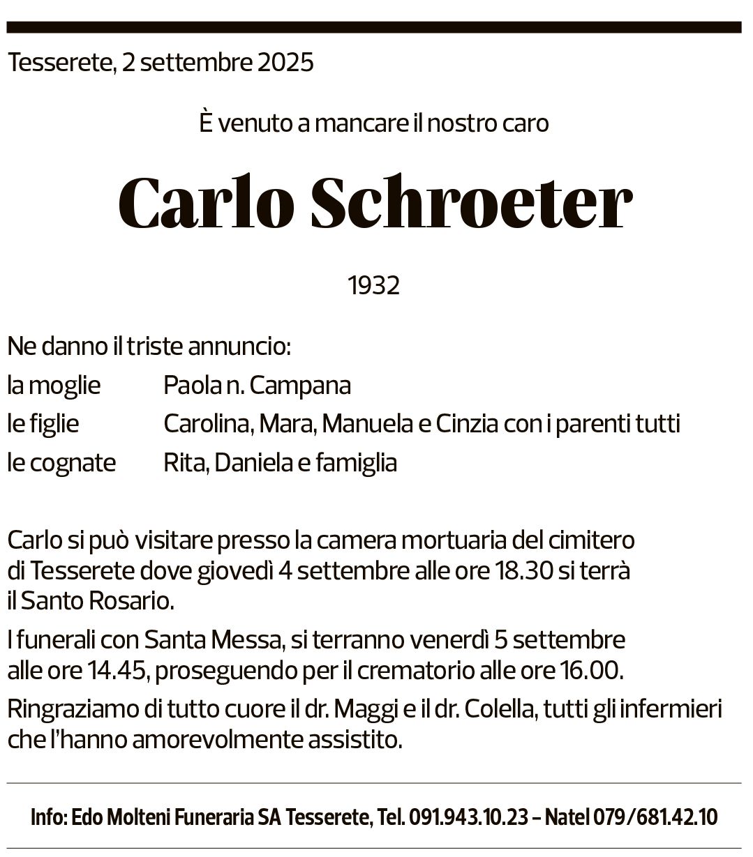Annuncio funebre Carlo Schroeter