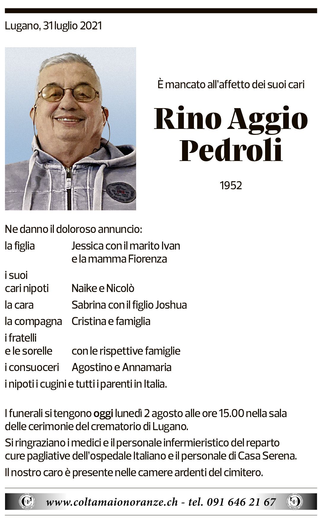 Annuncio funebre Rino Aggio Pedroli