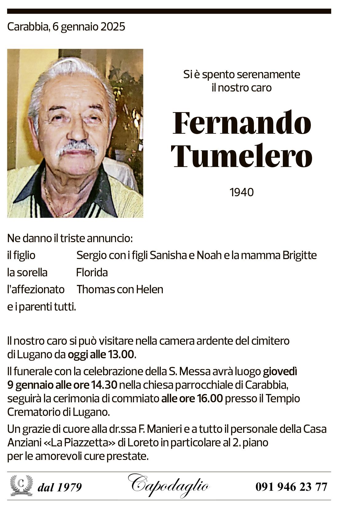 Annuncio funebre Fernando Tumelero