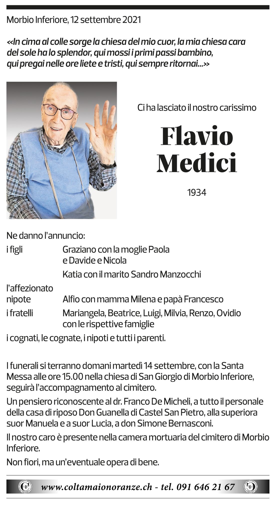 Annuncio funebre Flavio Medici