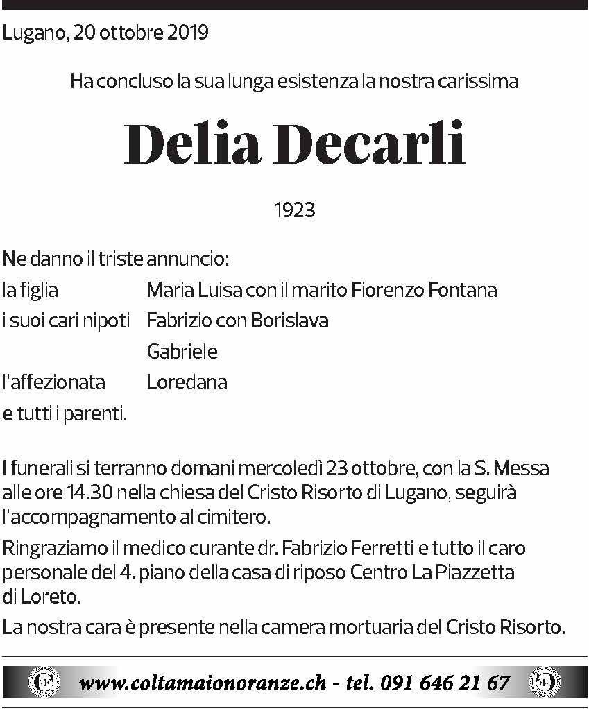 Annuncio funebre Delia Decarli