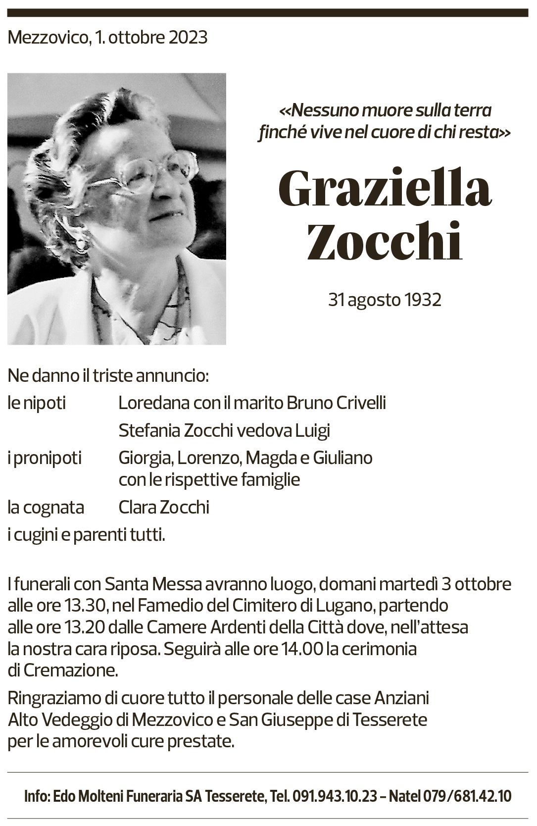 Annuncio funebre Graziella Zocchi