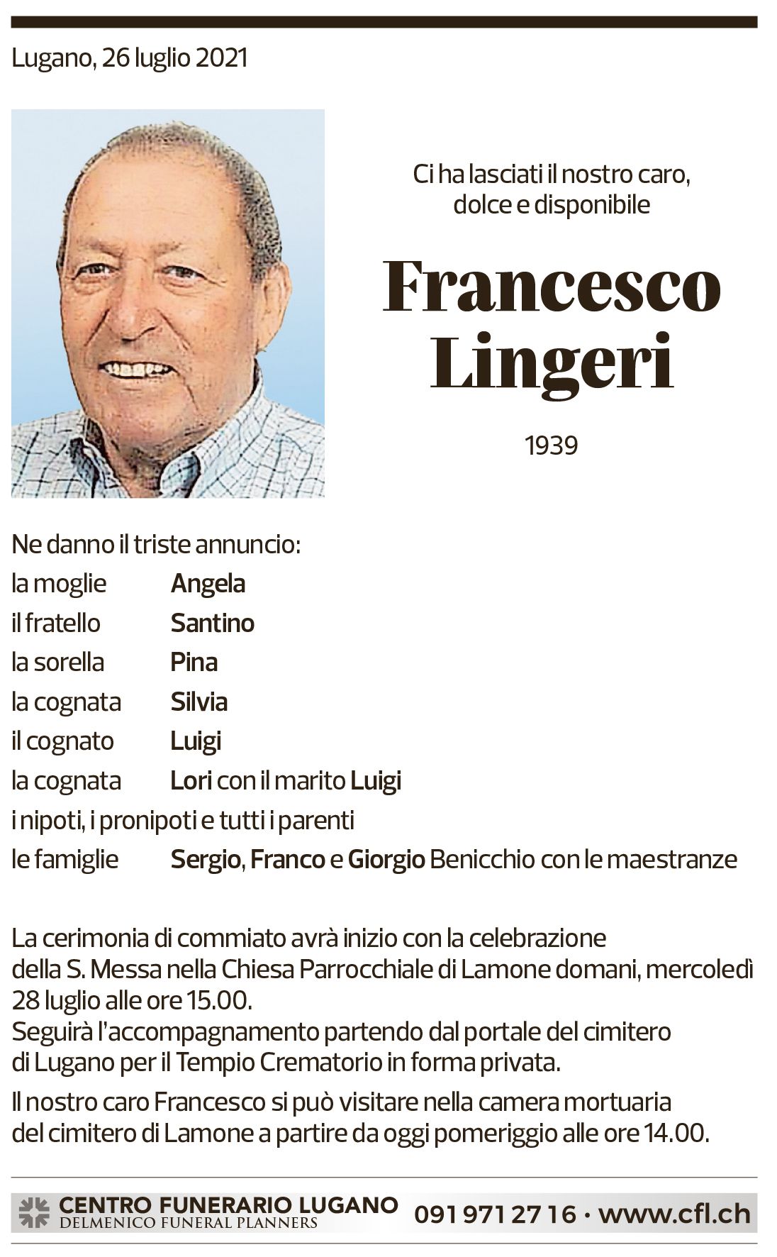 Annuncio funebre Francesco Lingeri