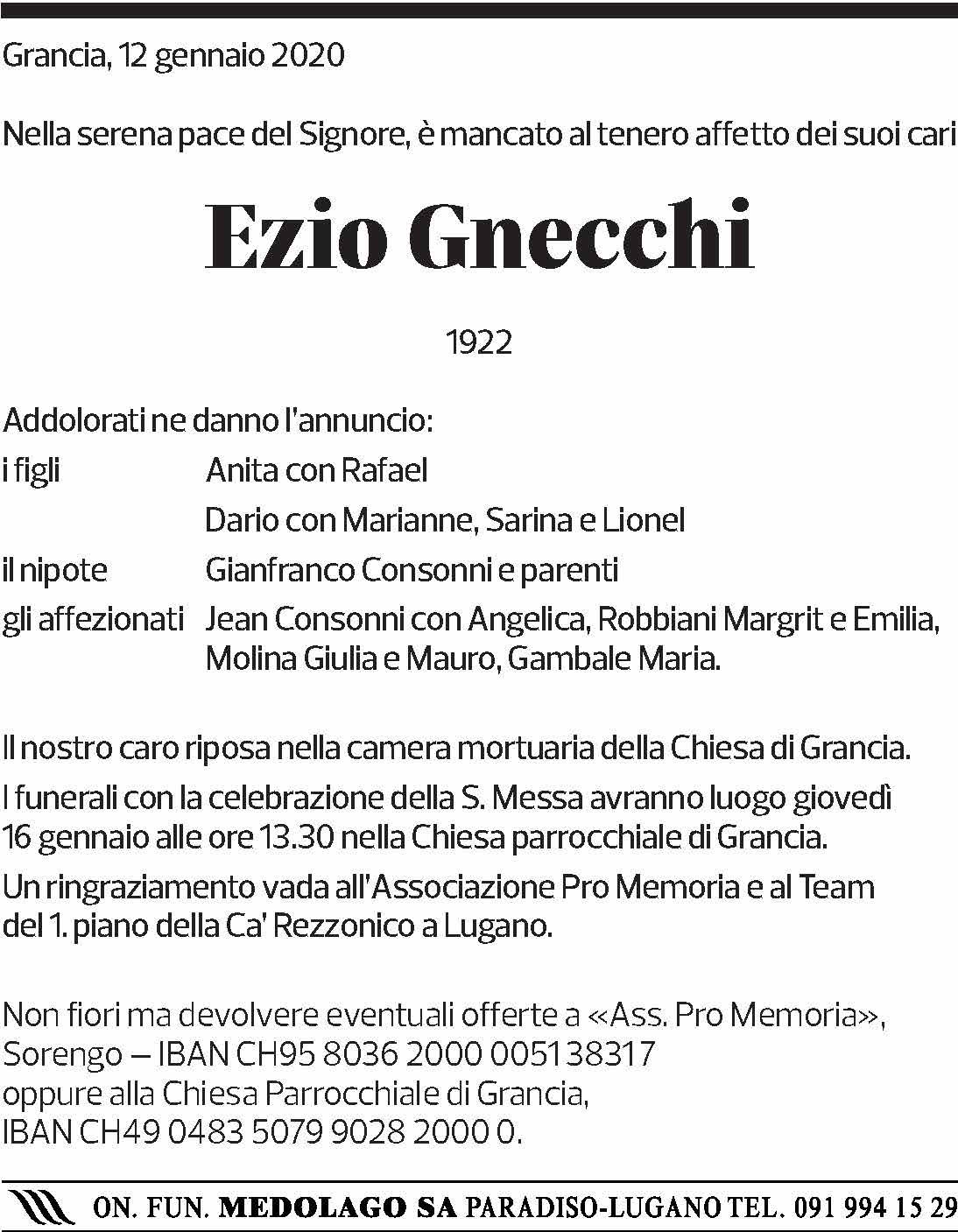 Annuncio funebre Ezio Gnecchi