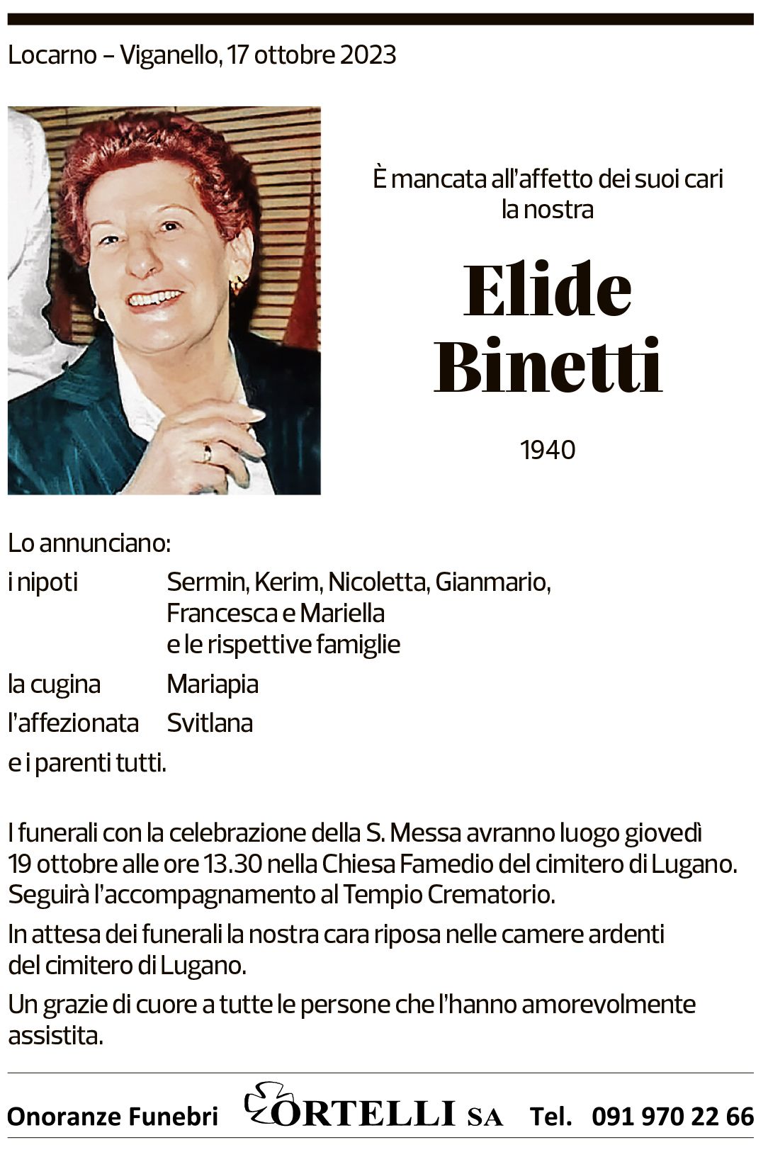 Annuncio funebre Elide Binetti