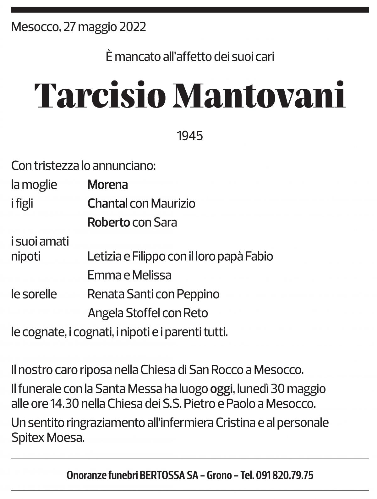 Annuncio funebre Tarcisio Mantovani