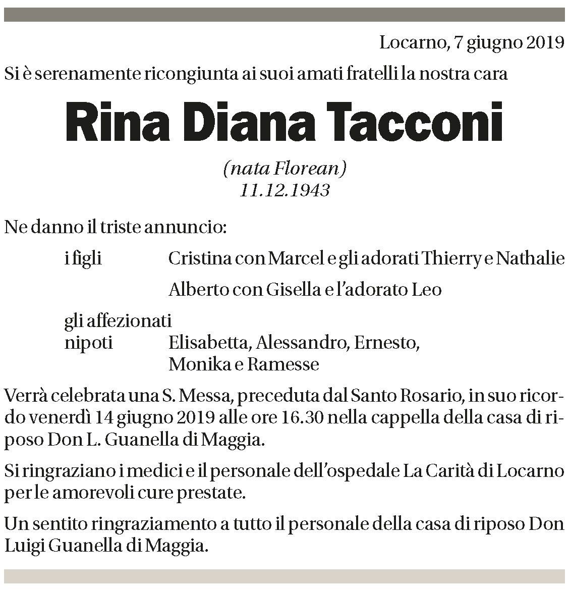 Annuncio funebre Rina Diana Tacconi