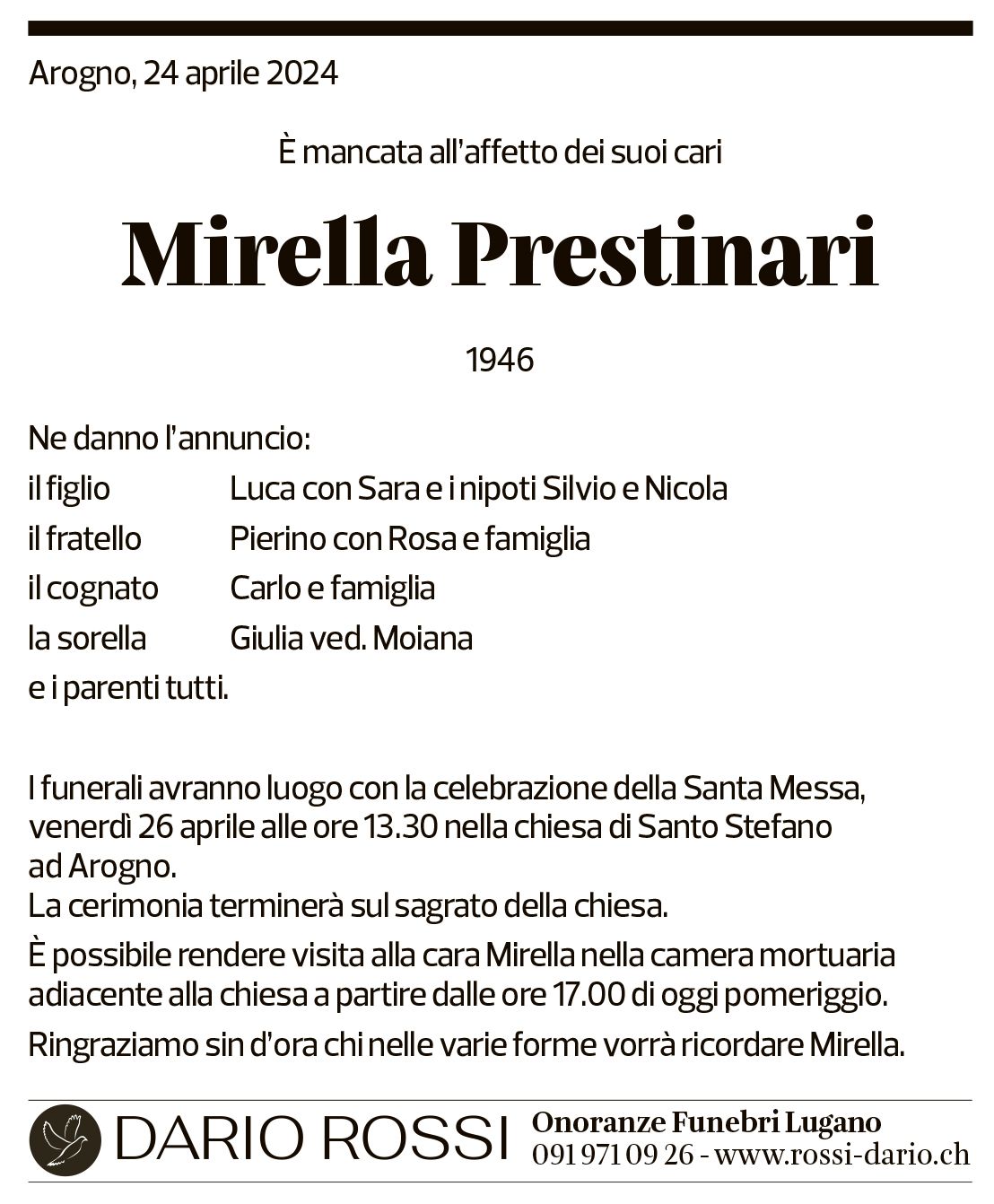 Annuncio funebre Mirella Prestinari